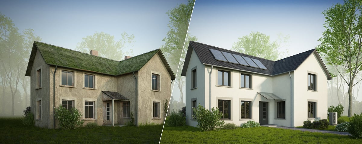 3d rendering of an old house before and after the renovation