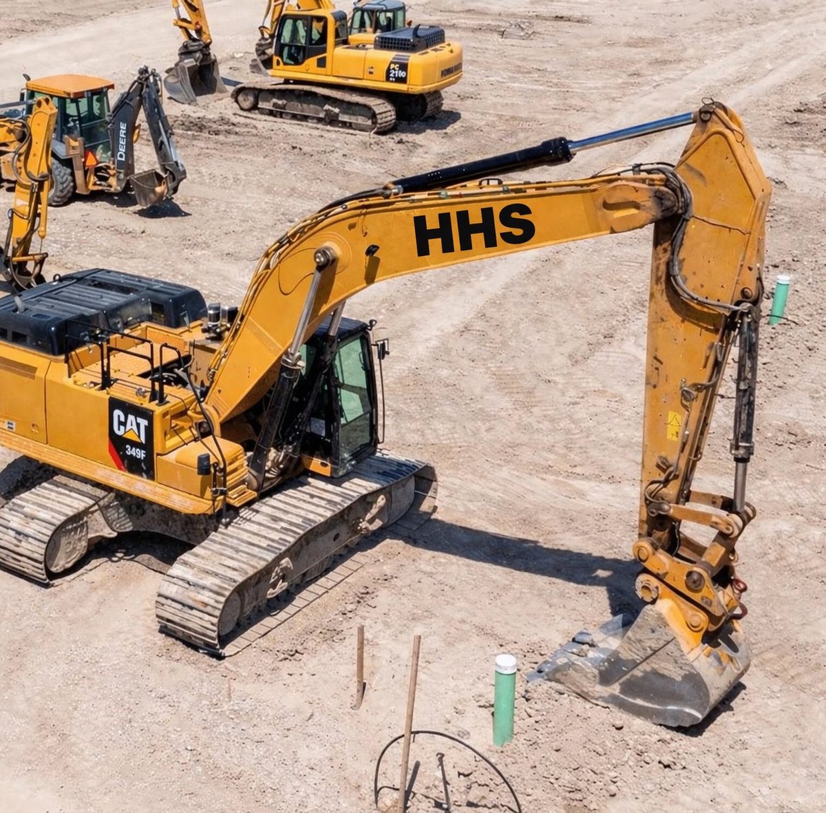 Yellow CAT mini excavator with HHS markings on a construction site with other equipment and machinery visible in background